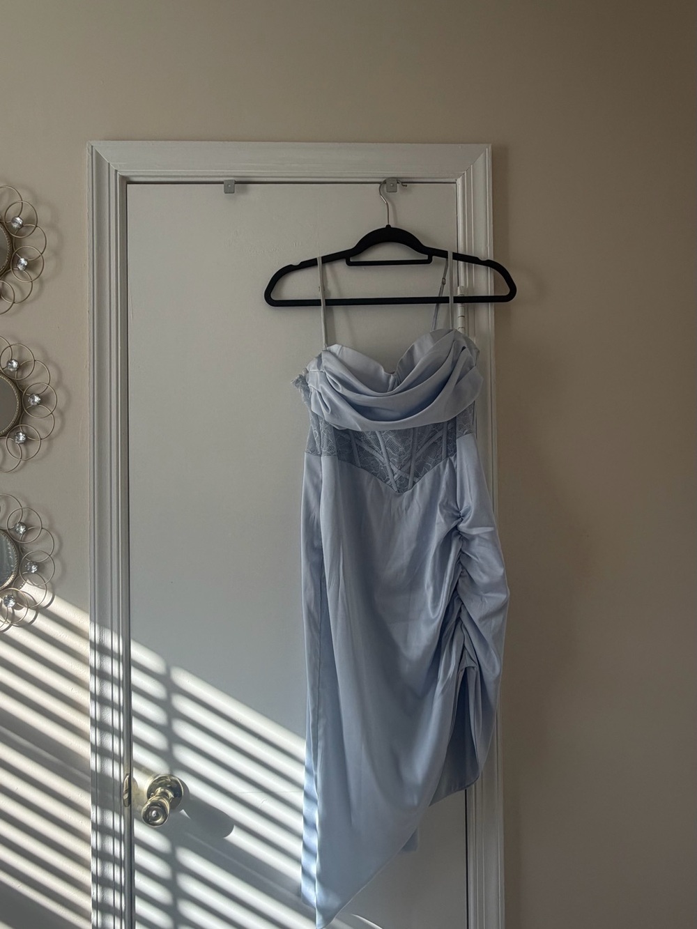 House of CB Light Blue Asymmetrical Slip Dress with Lace